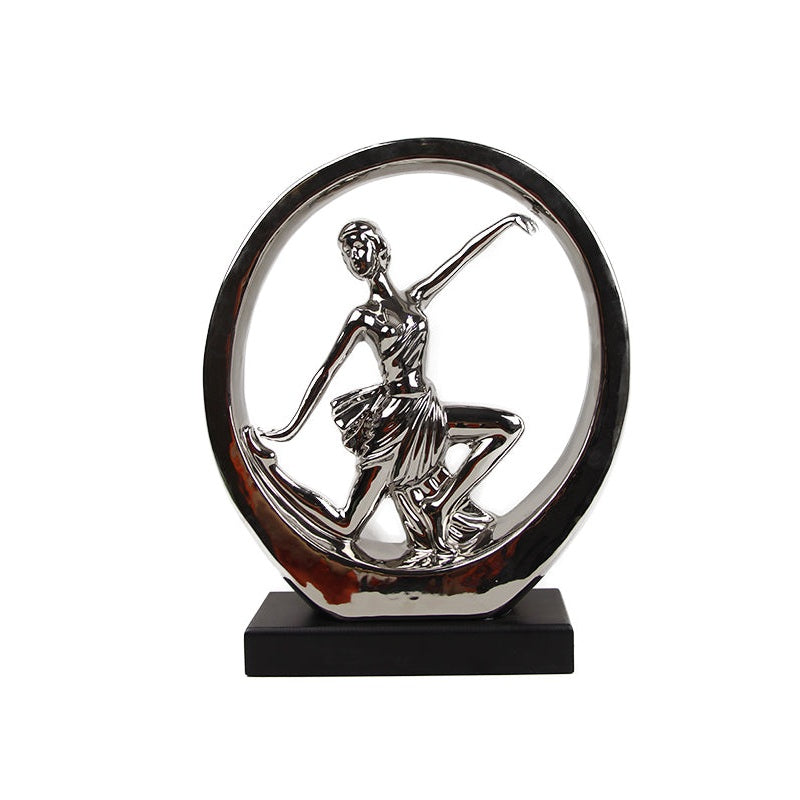 Χορεύτρια Ασημί Κεραμική Διακοσμητική σε Μαύρη Βάση Μέσα σε Κύκλο 28εκ