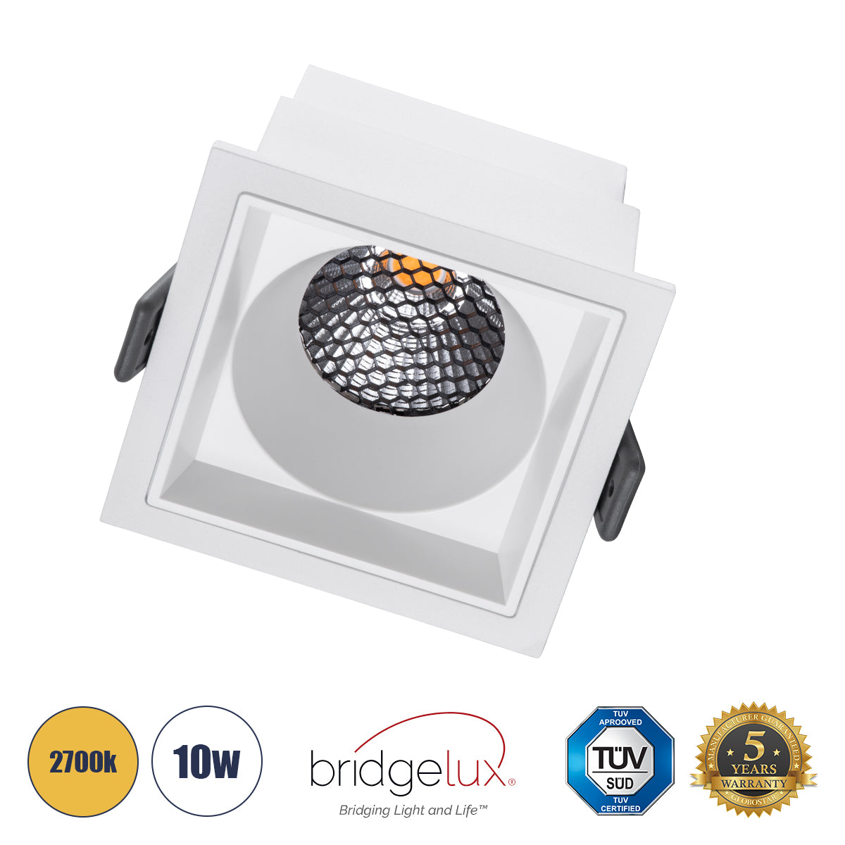 PLUTO-M 60273 Χωνευτό LED Spot Downlight TrimLess Μ8.4xΠ8.4cm 10W 1250lm 38° AC 220-240V IP20 Μ8.4 x Π8.4 x Υ5.9cm - Τετράγωνο - Λευκό & Anti-Glare HoneyComb - Θερμό Λευκό 2700K - Bridgelux COB