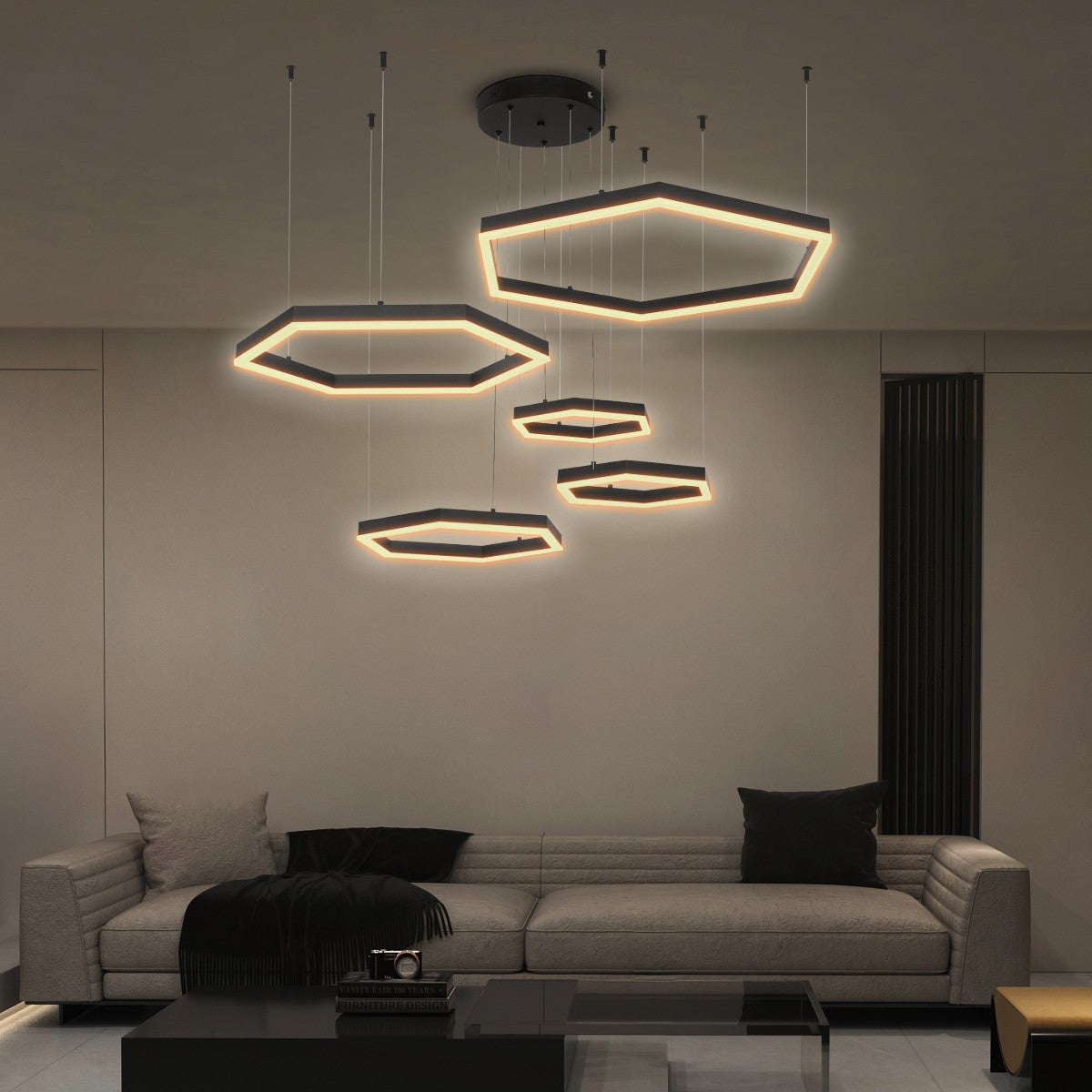 LEXAGON KLV-101-0179 Κρεμαστό Φωτιστικό Οροφής LED 120W 12000lm 200° AC 220-240V IP20 Ρυθμιζόμενο Λευκό CCT με Χειριστήριο από 2700K έως 6000K Dimmable - Lumileds SMD Chip - Μαύρο Ματ - Μ110 x Π90 x Υ110