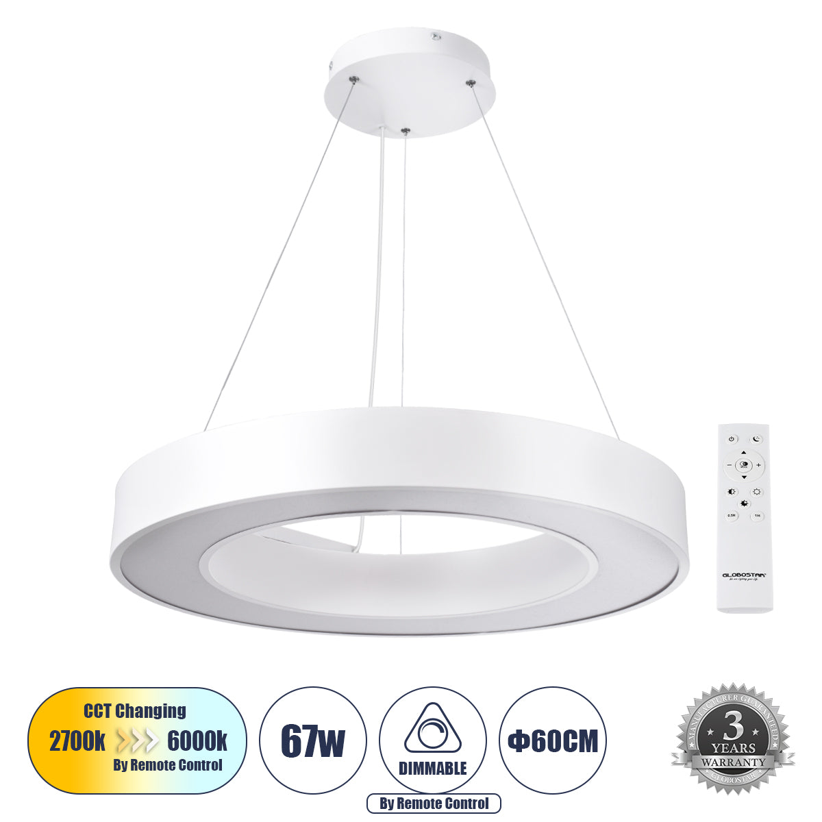 RA 61195 Κρεμαστό Φωτιστικό Δαχτυλίδι-Κύκλος LED CCT 67W 7370lm 120° AC 220-240V - Εναλλαγή Φωτισμού μέσω Τηλεχειριστηρίου All In One Ψυχρό 6000k+Φυσικό 4500k+Θερμό 2700k Dimmable Φ60cm - Λευκό