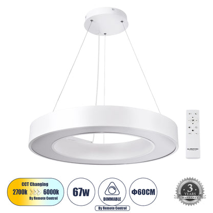 RA 61195 Κρεμαστό Φωτιστικό Δαχτυλίδι-Κύκλος LED CCT 67W 7370lm 120° AC 220-240V - Εναλλαγή Φωτισμού μέσω Τηλεχειριστηρίου All In One Ψυχρό 6000k+Φυσικό 4500k+Θερμό 2700k Dimmable Φ60cm - Λευκό