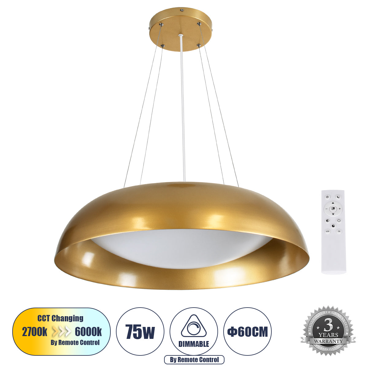 ANATOLIA 61270 Κρεμαστή Πλαφονιέρα Οροφής LED CCT 75W 8625lm 120° AC 220-240V - Εναλλαγή Φωτισμού μέσω Τηλεχειριστηρίου All In One Ψυχρό 6000k+Φυσικό 4500k+Θερμό 2700k Dimmable Φ60cm - Χρυσό