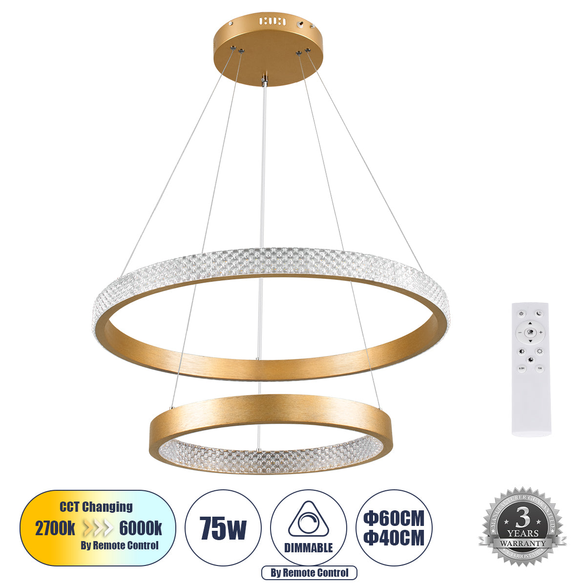 DIAMOND DUO 61151 Κρεμαστό Φωτιστικό Δαχτυλίδι-Κύκλος LED CCT 75W 8743lm 360° AC 220-240V - Εναλλαγή Φωτισμού μέσω Τηλεχειριστηρίου All In One Ψυχρό 6000k+Φυσικό 4500k+Θερμό 2700k Dimmable Φ40+60cm - Χρυσό Βούρτσας