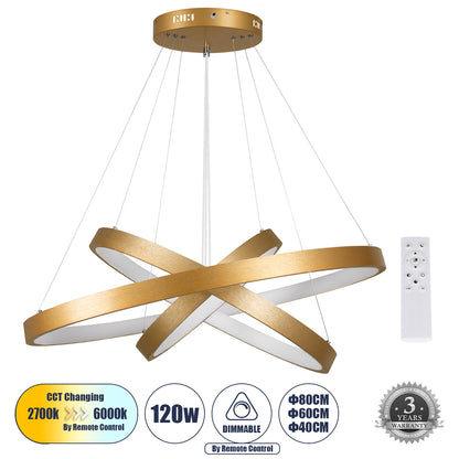 NEMESIS TRIO 61172-DECO Μοντέρνο Κρεμαστό Φωτιστικό Οροφής LED 120W 14723lm 360° AC 220-240V IP20 Ρυθμιζόμενο Λευκό CCT με Χειριστήριο από 2700K έως 6000K Dimmable - Lumileds SMD Chip - Χρυσό Βούρτσας - Μ40 x Π60 x Υ80