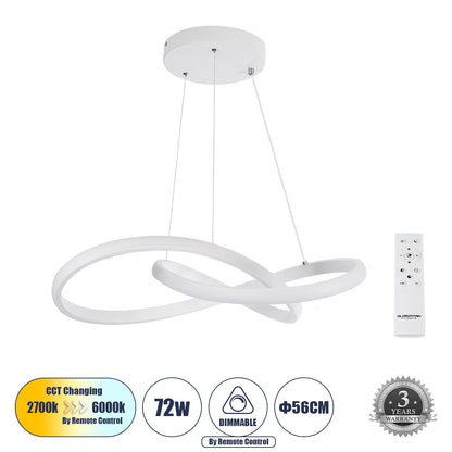 DEXTER 61050 Μοντέρνο Κρεμαστό Φωτιστικό Οροφής LED 72W 8064lm 300° AC 220-240V IP20 Ρυθμιζόμενο Λευκό CCT με Χειριστήριο από 2700K έως 6000K Dimmable - Lumileds SMD Chip - Λευκό Ματ - Μ56 x Π56 x Υ14