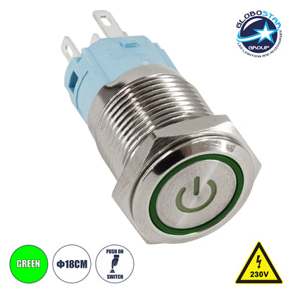 70777 LED Φωτιζόμενος Διακόπτης Χωνευτός - Μπουτόν PUSH On Ανοξείδωτος AC 220-240V Αδιάβροχο IP67 Φ18mm με Angel Eye Πράσινο