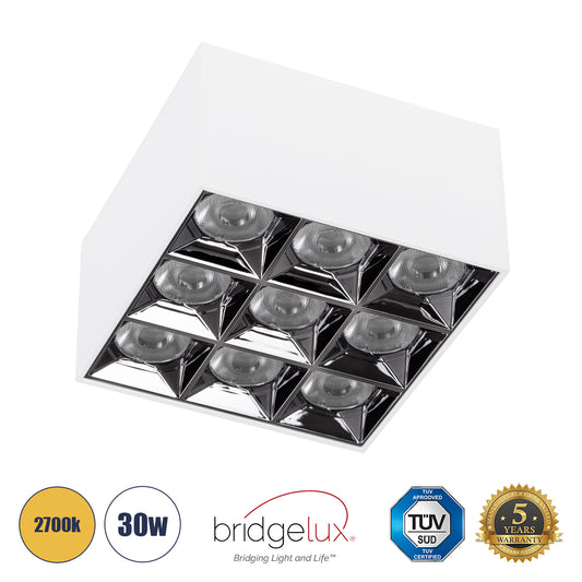 LUMINAR SUPERIOR 60339 Επιφανειακό LED Spot Downlight TrimLess 30W 4050lm 36° AC 220-240V IP20 Μ12 x Π12 x Υ6.6cm - Λευκό με Κάτοπτρο Χρωμίου - Θερμό Λευκό 2700K - Bridgelux High Lumen Chip Gen2 - TÜV Certified Driver