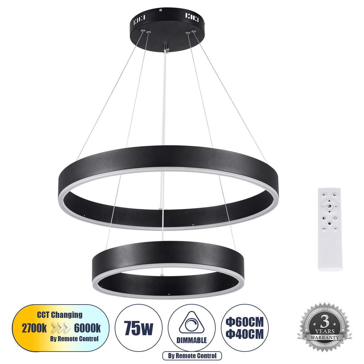 VENOM DUO 61185 Μοντέρνο Κρεμαστό Φωτιστικό Οροφής LED 75W 8818lm 120° AC 220-240V IP20 Ρυθμιζόμενο Λευκό CCT με Χειριστήριο από 2700K έως 6000K Dimmable - Lumileds SMD Chip - Μαύρο Ματ - Μ60 x Π60 x Υ40