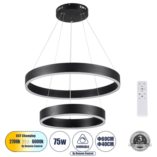 VENOM DUO 61185 Μοντέρνο Κρεμαστό Φωτιστικό Οροφής LED 75W 8818lm 120° AC 220-240V IP20 Ρυθμιζόμενο Λευκό CCT με Χειριστήριο από 2700K έως 6000K Dimmable - Lumileds SMD Chip - Μαύρο Ματ - Μ60 x Π60 x Υ40