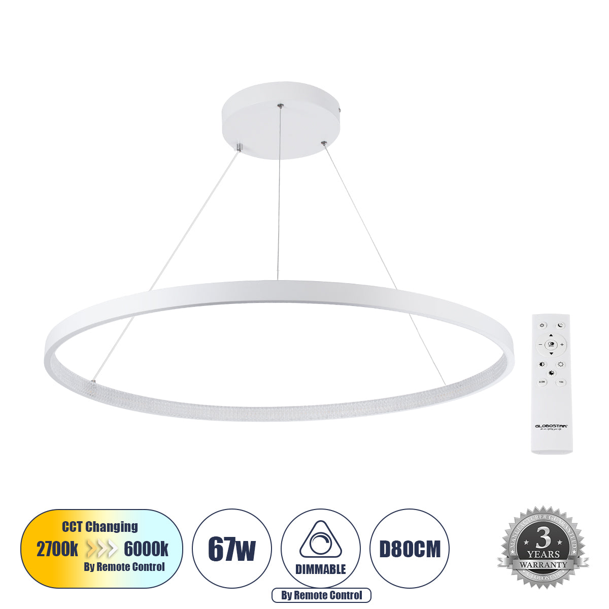 DIAMOND 61521 Κρεμαστό Φωτιστικό Δαχτυλίδι-Κύκλος LED CCT 67W 7504lm 360° AC 220-240V - Εναλλαγή Φωτισμού μέσω Τηλεχειριστηρίου All In One Ψυχρό 6000k+Φυσικό 4500k+Θερμό 2700k Dimmable Φ80cm - Λευκό