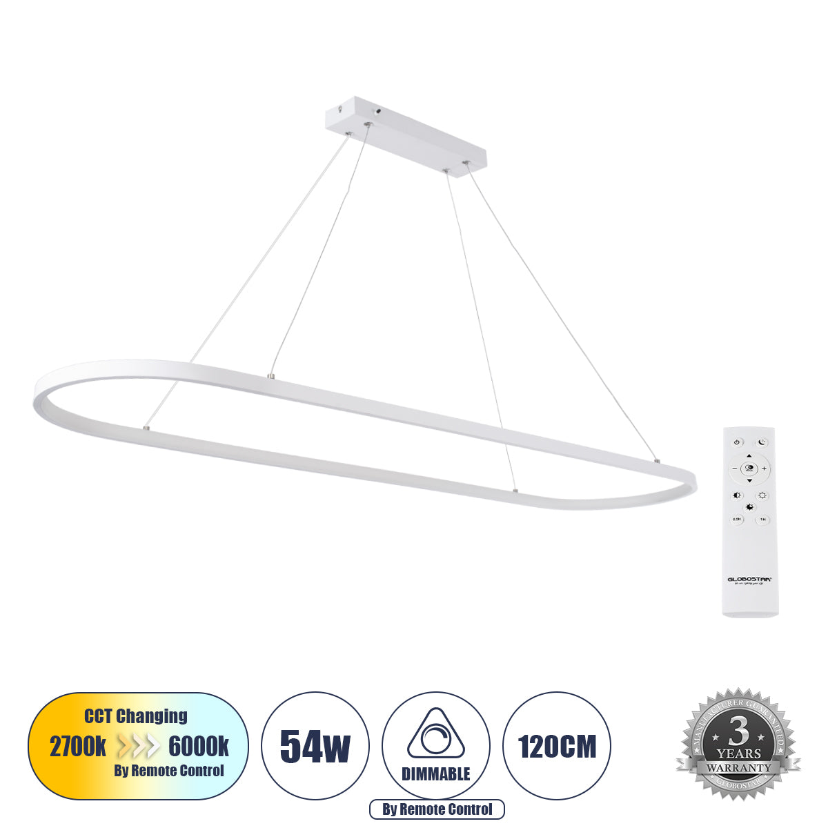 BOLIVAR 61272 Μοντέρνο Κρεμαστό Φωτιστικό Οροφής LED 54W 6210lm 360° AC 220-240V IP20 Ρυθμιζόμενο Λευκό CCT με Χειριστήριο από 2700K έως 6000K Dimmable - Lumileds SMD Chip - Λευκό Ματ - Μ120 x Π30 x Υ2