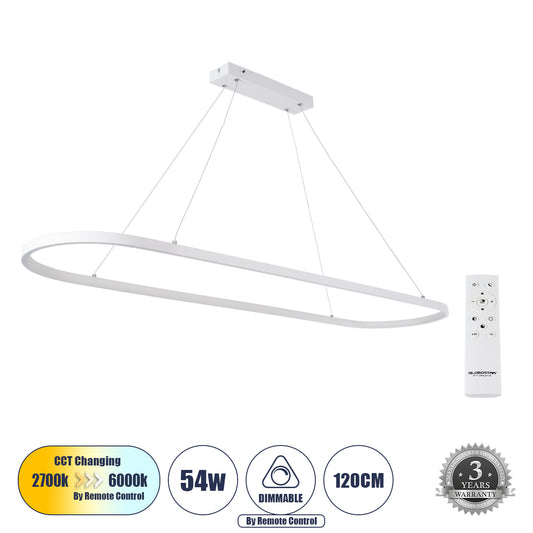 BOLIVAR 61272 Μοντέρνο Κρεμαστό Φωτιστικό Οροφής LED 54W 6210lm 360° AC 220-240V IP20 Ρυθμιζόμενο Λευκό CCT με Χειριστήριο από 2700K έως 6000K Dimmable - Lumileds SMD Chip - Λευκό Ματ - Μ120 x Π30 x Υ2