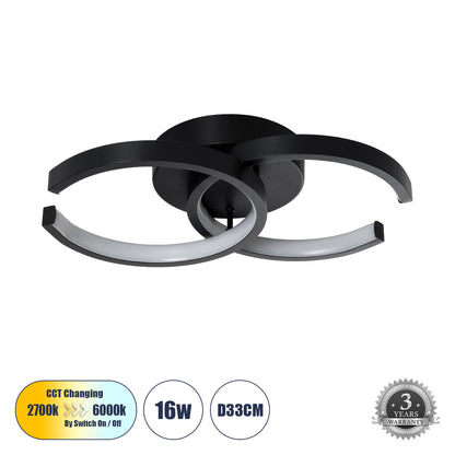 EVA 61067 Φωτιστικό Οροφής Design LED CCT 16W 1920lm 300° AC 220-240V - Εναλλαγή Φωτισμού μέσω Διακόπτη On/Off All In One Ψυχρό 6000k+Φυσικό 4500k+Θερμό 2700k Μ33 x Π21 x Υ7cm - Μαύρο