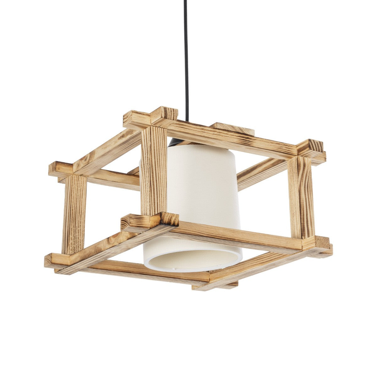 CUP 203-0053 Vintage Κρεμαστό Φωτιστικό Καπέλο Μονόφωνο 1 x E27 IP20 Μπεζ Ξύλο με Λευκό Ύφασμα - Μ32 x Π32 x Υ20cm