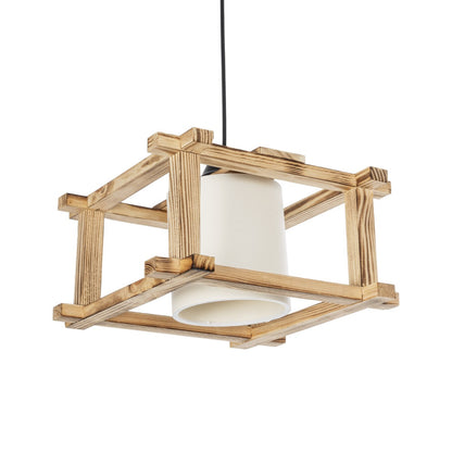 CUP 203-0053 Vintage Κρεμαστό Φωτιστικό Καπέλο Μονόφωνο 1 x E27 IP20 Μπεζ Ξύλο με Λευκό Ύφασμα - Μ32 x Π32 x Υ20cm