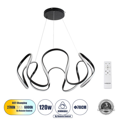 TARANTULA 61394 Κρεμαστό Φωτιστικό Οροφής Design LED CCT 120W 13440lm 300° AC 220-240V - Εναλλαγή Φωτισμού μέσω Τηλεχειριστηρίου All In One Ψυχρό 6000k+Φυσικό 4500k+Θερμό 2700k Dimmable Φ78 x Υ31.5cm - Μαύρο