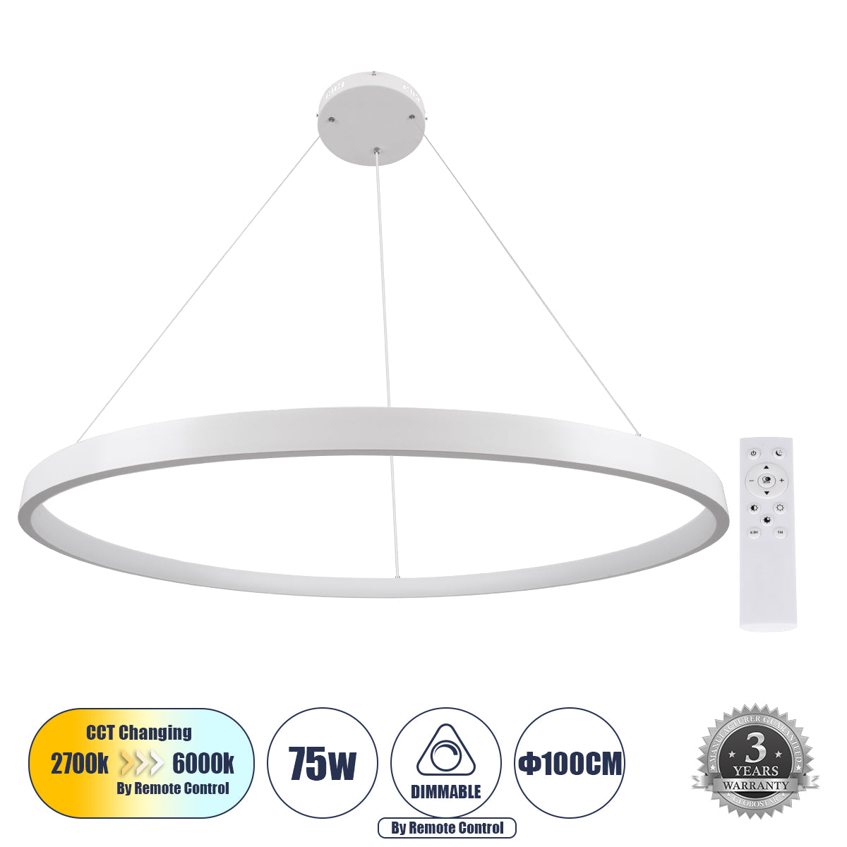 NEMESIS 61165 Κρεμαστό Φωτιστικό Δαχτυλίδι-Κύκλος LED CCT 75W 8743lm 360° AC 220-240V - Εναλλαγή Φωτισμού μέσω Τηλεχειριστηρίου All In One Ψυχρό 6000k+Φυσικό 4500k+Θερμό 2700k Dimmable Φ100cm - Λευκό