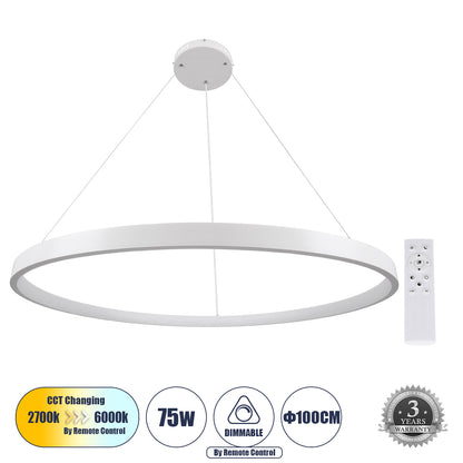 NEMESIS 61165 Κρεμαστό Φωτιστικό Δαχτυλίδι-Κύκλος LED CCT 75W 8743lm 360° AC 220-240V - Εναλλαγή Φωτισμού μέσω Τηλεχειριστηρίου All In One Ψυχρό 6000k+Φυσικό 4500k+Θερμό 2700k Dimmable Φ100cm - Λευκό