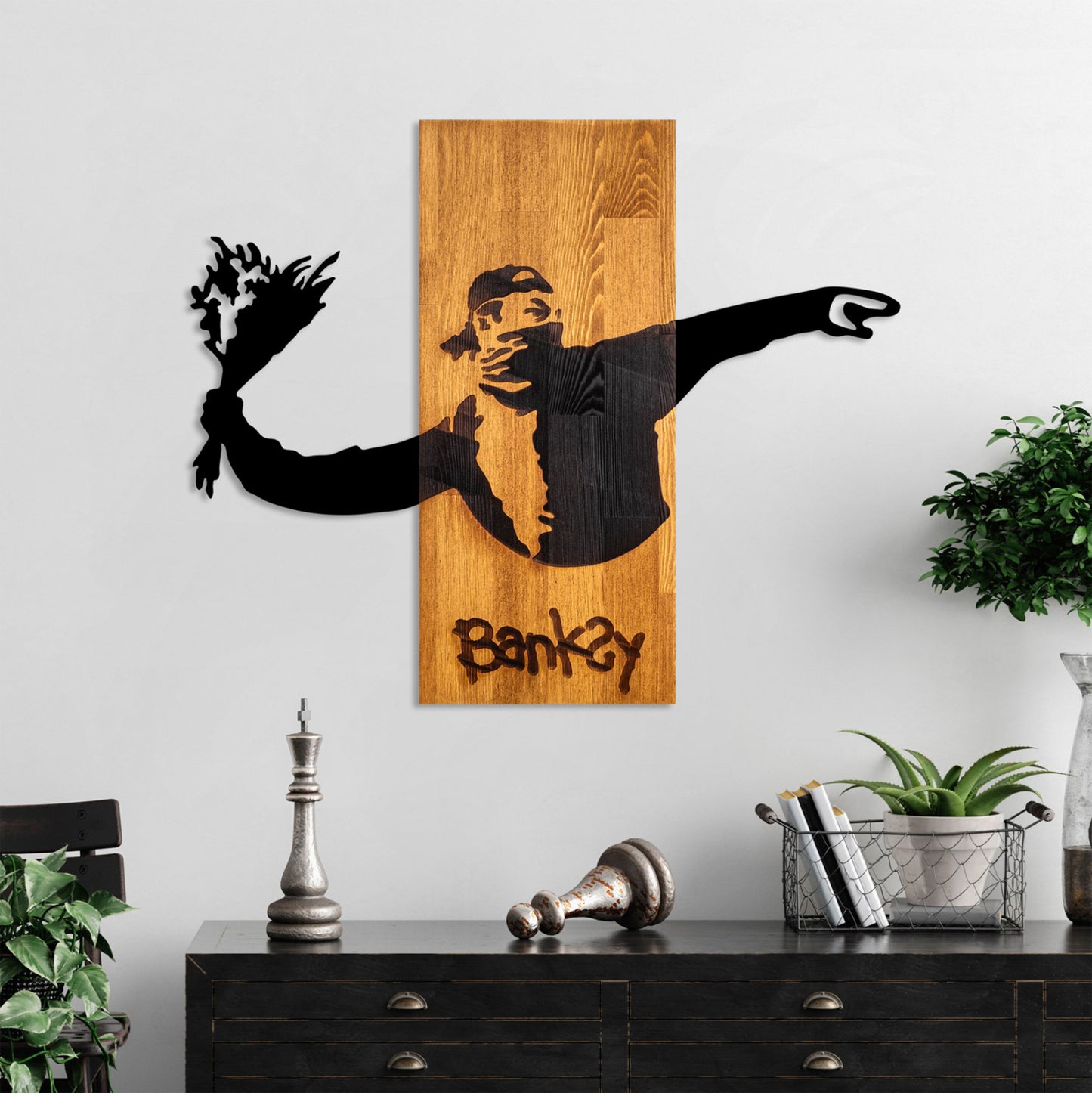ΔΙΑΚΟΣΜΗΤΙΚΟ ΤΟΙΧΟΥ BANKSY ΦΥΛΛΑ ΜΕΤΑΛΛΟΥ ΜΑΥΡΑ ΞΥΛΟ 69x3x58