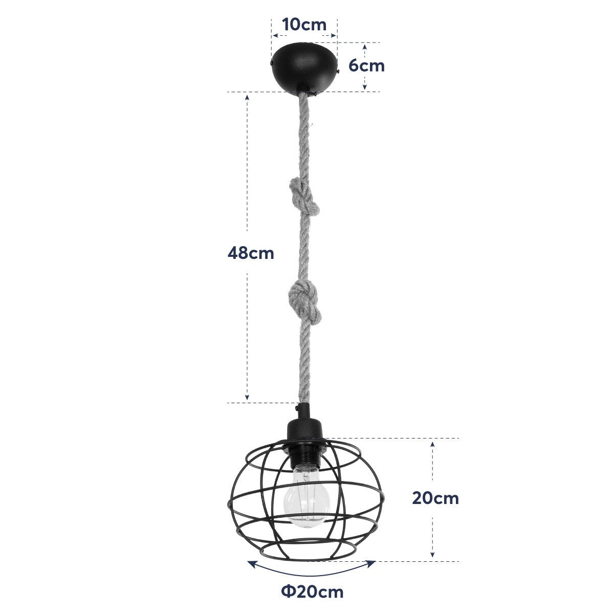 TALAH 203-0008 Vintage Κρεμαστό Φωτιστικό Σχοινί Μονόφωτο 1 x E27 IP20 Μαύρο Μέταλλο με Μπεζ Σχοινί - Μ14 x Π14 x Υ61.5cm