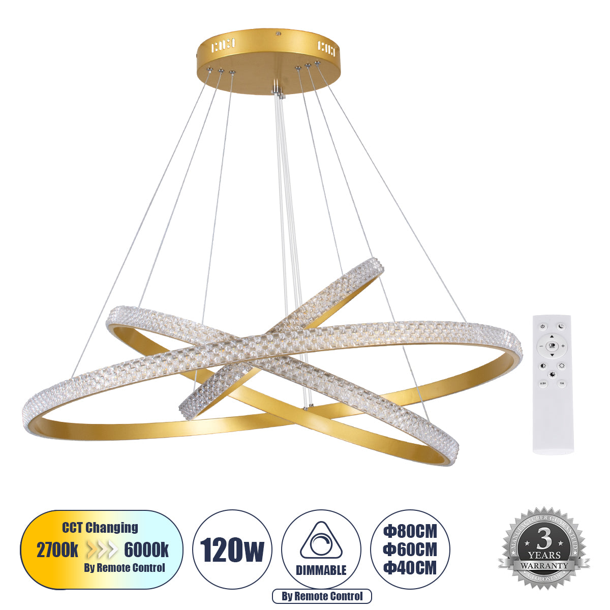 DIAMOND TRIO 61139-DECO Μοντέρνο Κρεμαστό Φωτιστικό Οροφής LED 120W 14723lm 360° AC 220-240V IP20 Ρυθμιζόμενο Λευκό CCT με Χειριστήριο από 2700K έως 6000K Dimmable - Lumileds SMD Chip - Χρυσό Βούρτσας - Μ40 x Π60 x Υ80
