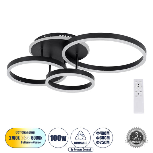 VENOM 61123 Φωτιστικό Οροφής Δαχτυλίδι-Κύκλος LED CCT 100W 12100lm 360° AC 220-240V - Εναλλαγή Φωτισμού μέσω Τηλεχειριστηρίου All In One Ψυχρό 6000k+Φυσικό 4500k+Θερμό 2700k Dimmable Φ25+30+40cm+BackLight - Μαύρο