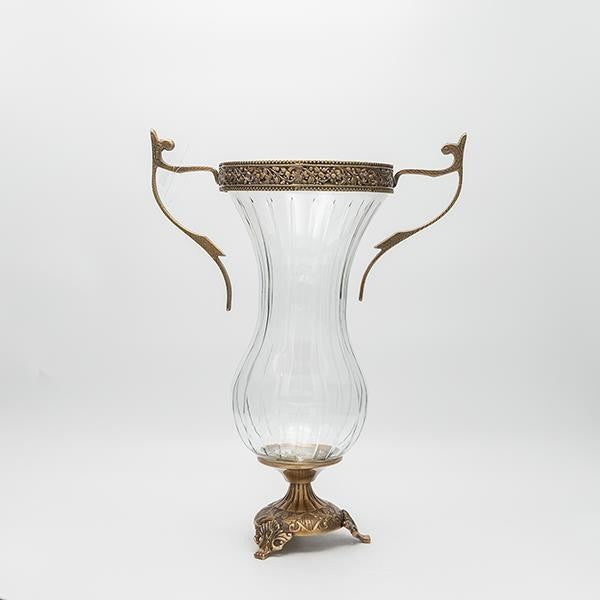 ΒΑΖΟ ΓΥΑΛΙΝΟ ΜΕ ΜΕΤΑΛΛΙΚΑ ΤΕΛΕΙΩΜΑΤΑ ΑΝΤΙΚΕ ΧΡΥΣΟ-ΔΙΑΦΑΝΕΣ ΓΥΑΛΙ 27x16x38