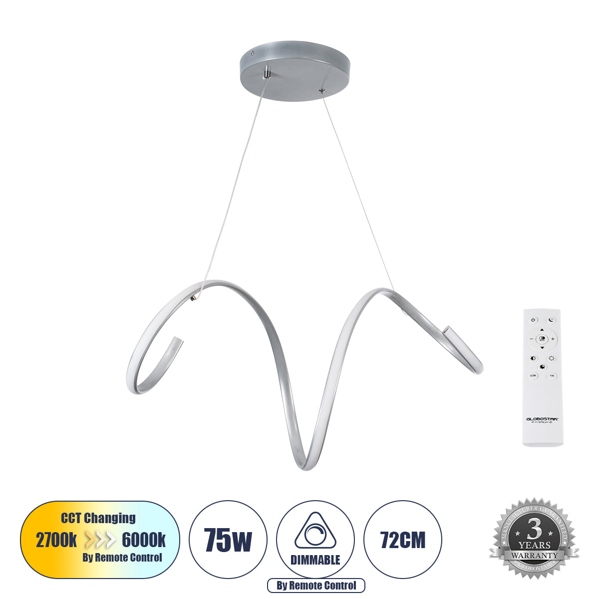 SPIRALE 61285 Κρεμαστό Φωτιστικό Οροφής Design LED CCT 75W 8400lm 300° AC 220-240V - Εναλλαγή Φωτισμού μέσω Τηλεχειριστηρίου All In One Ψυχρό 6000k+Φυσικό 4500k+Θερμό 2700k Dimmable Μ72 x Π25 x Υ30cm - Νίκελ Ασημί Βούρτσας