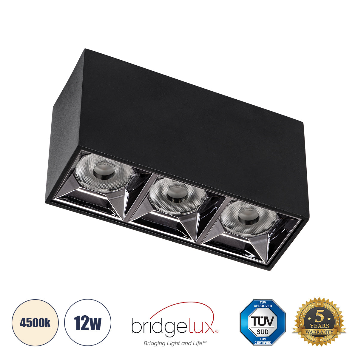 LUMINAR SUPERIOR 60324 Επιφανειακό LED Spot Downlight TrimLess 12W 1680lm 36° AC 220-240V IP20 Μ11.8 x Π4.2 x Υ6.6cm - Μαύρο με Κάτοπτρο Χρωμίου - Φυσικό Λευκό 4500K - Bridgelux High Lumen Chip Gen2 - TÜV Certified Driver