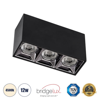 LUMINAR SUPERIOR 60324 Επιφανειακό LED Spot Downlight TrimLess 12W 1680lm 36° AC 220-240V IP20 Μ11.8 x Π4.2 x Υ6.6cm - Μαύρο με Κάτοπτρο Χρωμίου - Φυσικό Λευκό 4500K - Bridgelux High Lumen Chip Gen2 - TÜV Certified Driver