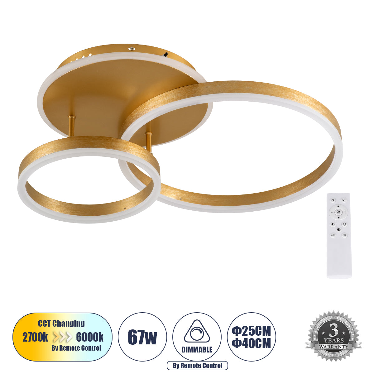 VENOM 61122 Φωτιστικό Οροφής Δαχτυλίδι-Κύκλος LED CCT 67W 8107lm 360° AC 220-240V - Εναλλαγή Φωτισμού μέσω Τηλεχειριστηρίου All In One Ψυχρό 6000k+Φυσικό 4500k+Θερμό 2700k Dimmable Φ25+40cm+BackLight - Χρυσό Βούρτσας