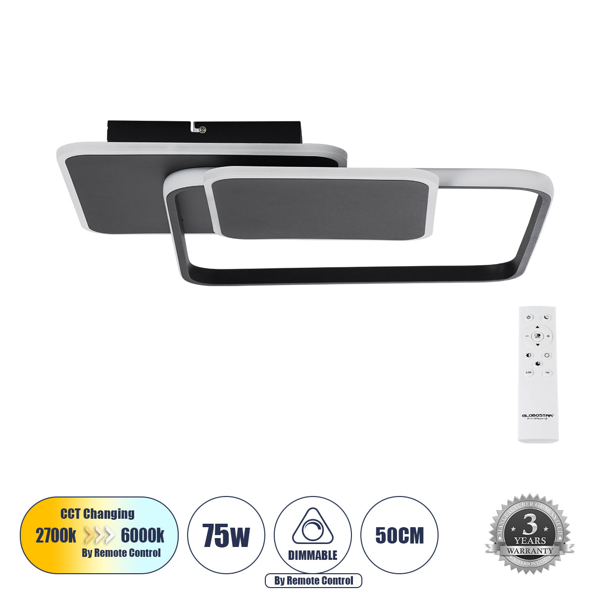 SQUARO 61231 Μοντέρνο Φωτιστικό Οροφής LED 75W 8400lm 360° AC 220-240V IP20 Ρυθμιζόμενο Λευκό CCT με Χειριστήριο από 2700K έως 6000K Dimmable - Lumileds SMD Chip - Μαύρο Ματ - Μ48.5 x Π51 x Υ9