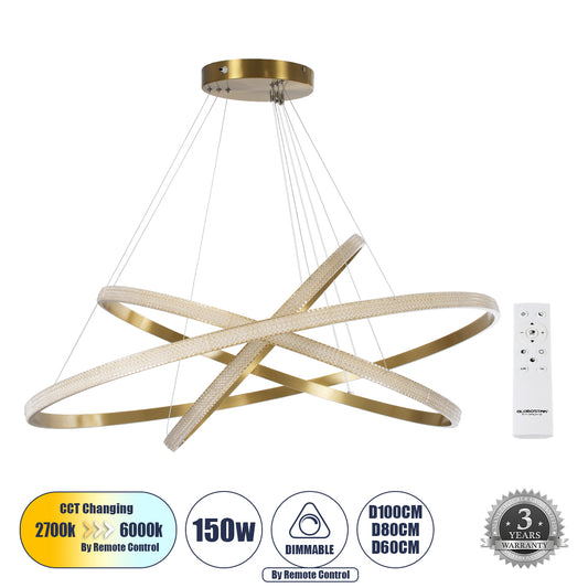 DIAMOND TRIO 61141-DECO Μοντέρνο Κρεμαστό Φωτιστικό Οροφής LED 150W 18379lm 360° AC 220-240V IP20 Ρυθμιζόμενο Λευκό CCT με Χειριστήριο από 2700K έως 6000K Dimmable - Lumileds SMD Chip - Χρυσό Βούρτσας - Μ60 x Π80 x Υ100