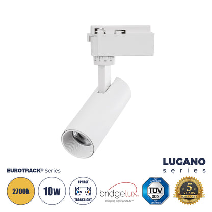 LUGANO 60802 Μονοφασικό Φωτιστικό Σποτ Ράγας LED 10W 1200lm 36° Acrylic HQ LENS AC 220-240V IP20 Φ4.5 x Υ19cm Θερμό Λευκό 2700K - EUROTRACK® System 1L+1N - Λευκό - Bridgelux Chip - TÜV Certified Driver