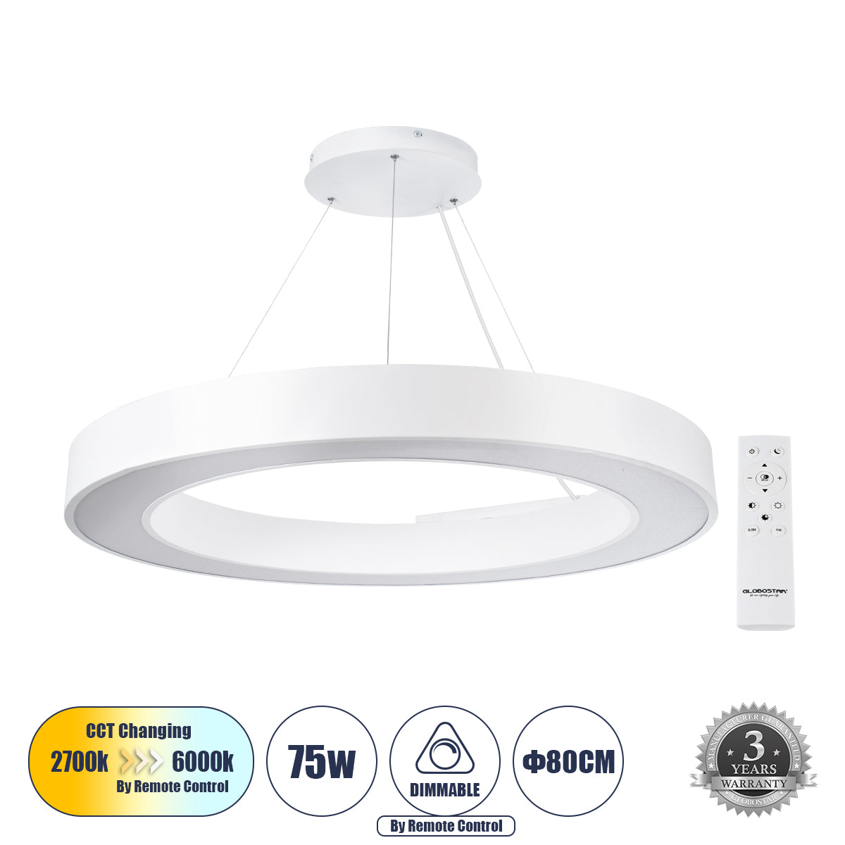 RA 61197 Κρεμαστό Φωτιστικό Δαχτυλίδι-Κύκλος LED CCT 75W 8250lm 120° AC 220-240V - Εναλλαγή Φωτισμού μέσω Τηλεχειριστηρίου All In One Ψυχρό 6000k+Φυσικό 4500k+Θερμό 2700k Dimmable Φ80cm - Λευκό