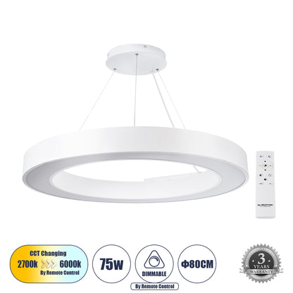 RA 61197 Κρεμαστό Φωτιστικό Δαχτυλίδι-Κύκλος LED CCT 75W 8250lm 120° AC 220-240V - Εναλλαγή Φωτισμού μέσω Τηλεχειριστηρίου All In One Ψυχρό 6000k+Φυσικό 4500k+Θερμό 2700k Dimmable Φ80cm - Λευκό