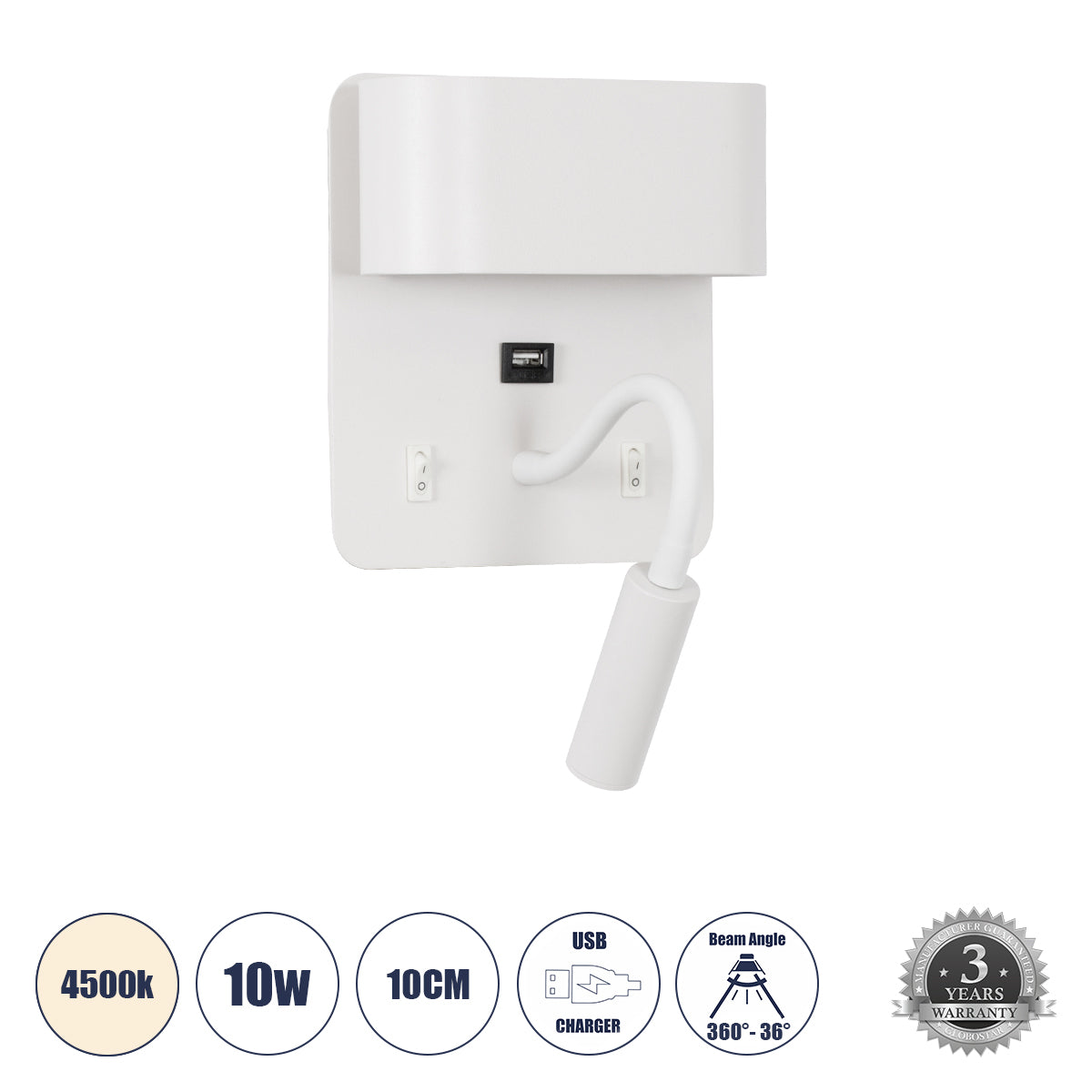 IBIS 61368 Μοντέρνο Φωτιστικό Τοίχου - Απλίκα Ξενοδοχείου Bed Side LED 10W 1100lm 36° & 360° AC 220-240V - Reading Light & Up/Down Light - Φορτιστής USB 3A - Μ10 x Π6.1 x Υ18cm - Φυσικό Λευκό 4500K - Λευκό