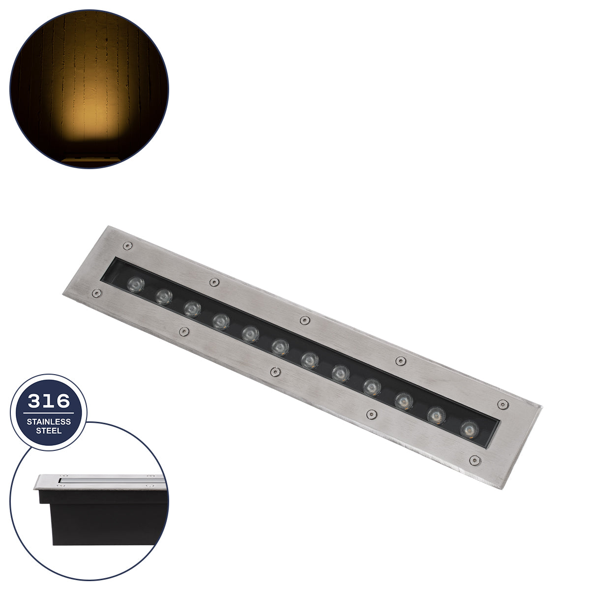 UNDERGROUND-REMVI 90192 Χωνευτό Φωτιστικό Wall Washer Δαπέδου LED 12W 1080lm 10° DC 24V Αδιάβροχο IP68 L50 x W7.4 x H7cm Θερμό Λευκό 2700K - Ανοξείδωτο Ατσάλι