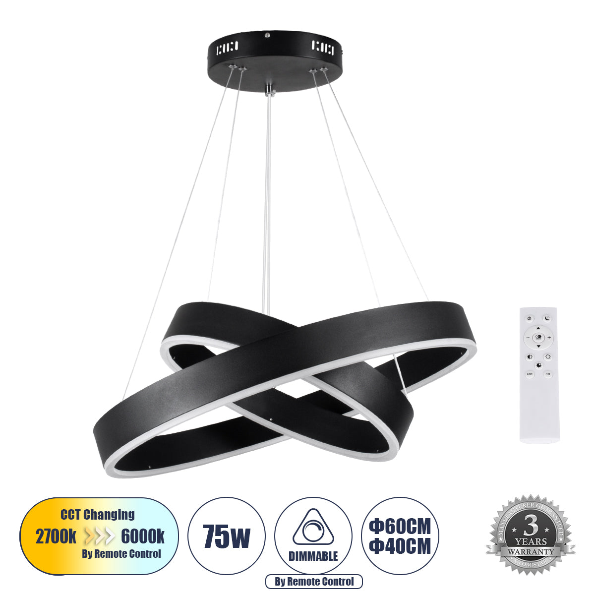 VENOM DUO 61185-DECO Μοντέρνο Κρεμαστό Φωτιστικό Οροφής LED 75W 8818lm 120° AC 220-240V IP20 Ρυθμιζόμενο Λευκό CCT με Χειριστήριο από 2700K έως 6000K Dimmable - Lumileds SMD Chip - Μαύρο - Μ60 x Π60 x Υ40