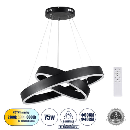 VENOM DUO 61185-DECO Μοντέρνο Κρεμαστό Φωτιστικό Οροφής LED 75W 8818lm 120° AC 220-240V IP20 Ρυθμιζόμενο Λευκό CCT με Χειριστήριο από 2700K έως 6000K Dimmable - Lumileds SMD Chip - Μαύρο - Μ60 x Π60 x Υ40