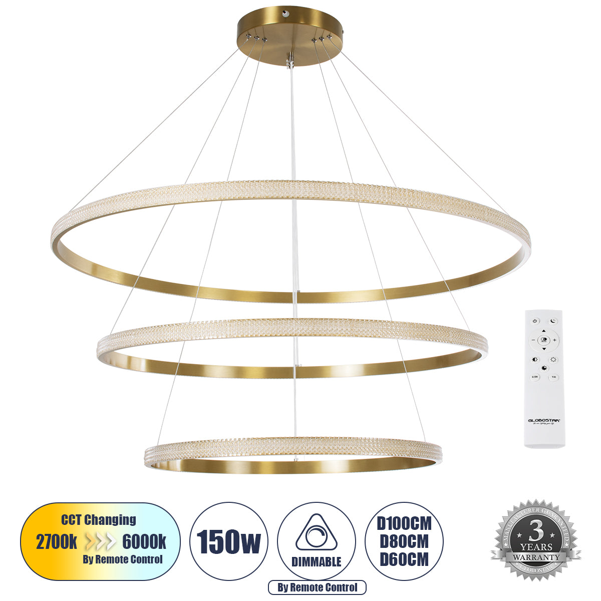 DIAMOND TRIO 61141 Μοντέρνο Κρεμαστό Φωτιστικό Οροφής LED 150W 18379lm 360° AC 220-240V IP20 Ρυθμιζόμενο Λευκό CCT με Χειριστήριο από 2700K έως 6000K Dimmable - Lumileds SMD Chip - Χρυσό Βούρτσας - Μ100 x Π100 x Υ60