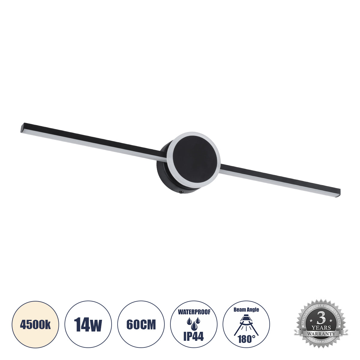 OPAL 60454 Μοντέρνο Φωτιστικό Τοίχου - Απλίκα Καθρέπτη Μπάνιου - Πίνακα LED 14W 1600lm 180° AC 220-240V IP44 Μ60 x Π6 x Υ10cm - Φυσικό Λευκό 4500K - Μαύρο