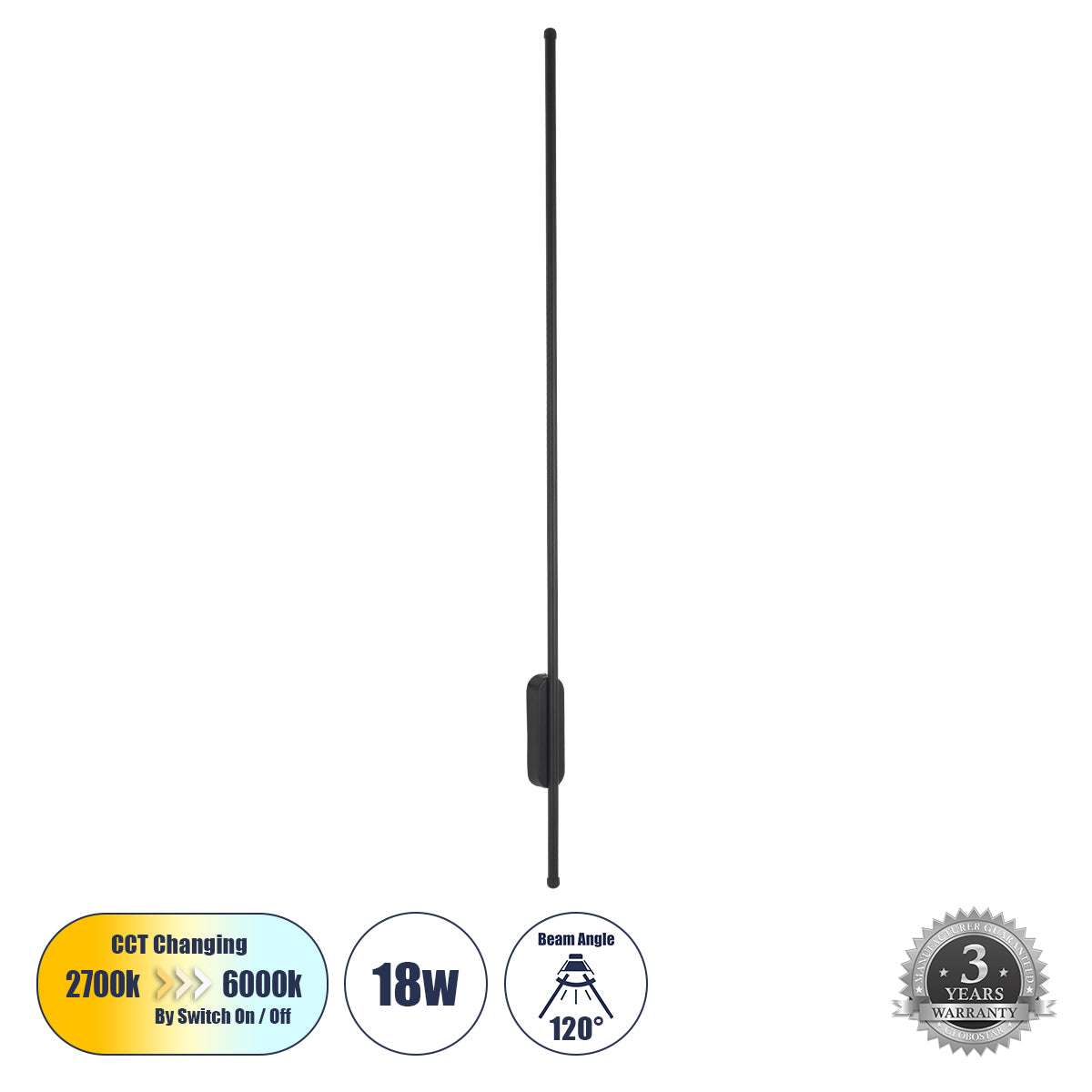 HARLEM 61335 Φωτιστικό Τοίχου - Απλίκα Design LED CCT 18W 2160lm 120° AC 220-240V - Εναλλαγή Φωτισμού μέσω Διακόπτη On/Off All In One Ψυχρό 6000k+Φυσικό 4500k+Θερμό 2700k Μ5 x Π4 x Υ120cm - Μαύρο