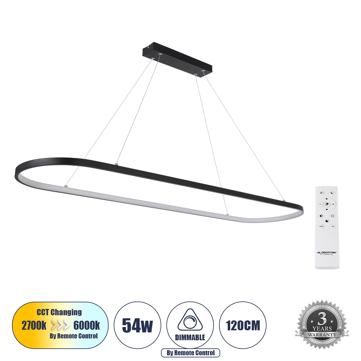 BOLIVAR 61271 Μοντέρνο Κρεμαστό Φωτιστικό Οροφής LED 54W 6210lm 360° AC 220-240V IP20 Ρυθμιζόμενο Λευκό CCT με Χειριστήριο από 2700K έως 6000K Dimmable - Lumileds SMD Chip - Μαύρο Ματ - Μ120 x Π30 x Υ2