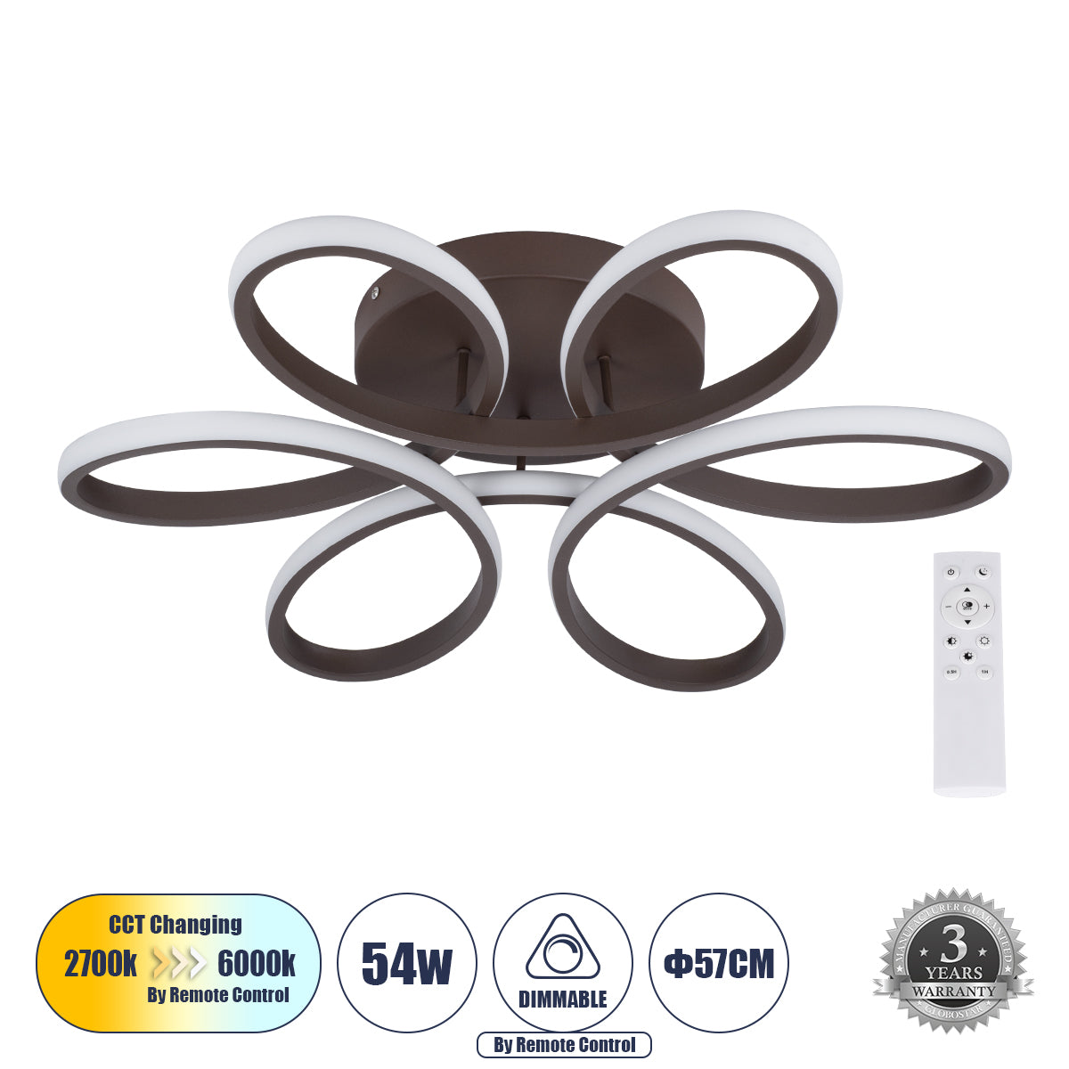 MARGARET 61402 Μοντέρνο Κρεμαστό Φωτιστικό Οροφής LED 54W 6210lm 360° AC 220-240V IP20 Ρυθμιζόμενο Λευκό CCT με Χειριστήριο από 2700K έως 6000K Dimmable - Lumileds SMD Chip - Καφέ Ματ - Μ57 x Π57 x Υ12cm