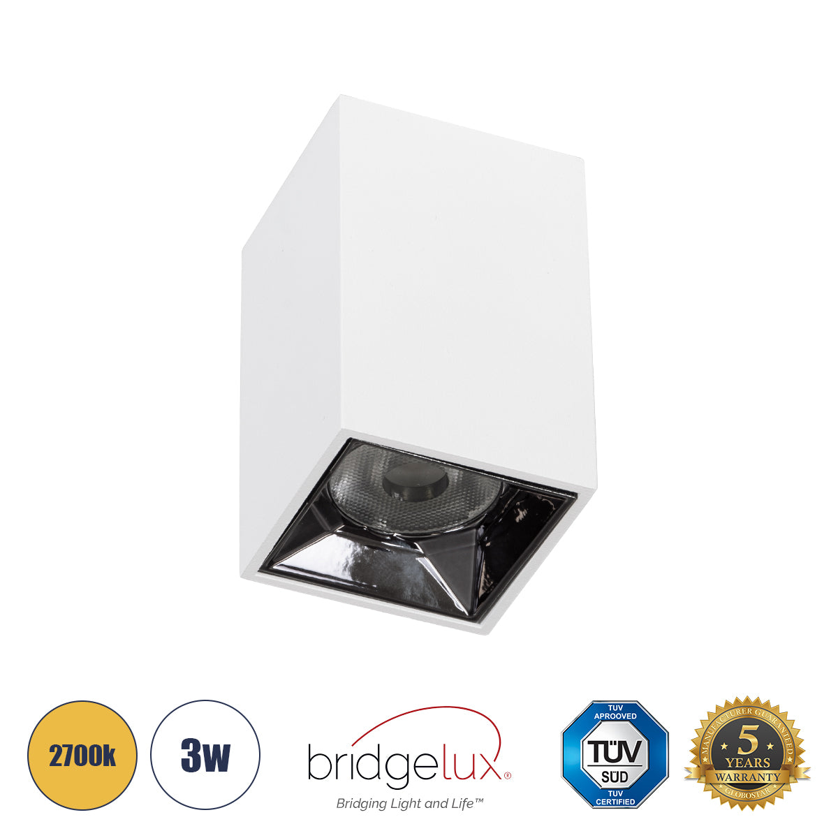 LUMINAR SUPERIOR 60323 Επιφανειακό LED Spot Downlight TrimLess 3W 405lm 36° AC 220-240V IP20 Μ4.2 x Π4.2 x Υ6.6cm - Λευκό με Κάτοπτρο Χρωμίου - Θερμό Λευκό 2700K - Bridgelux High Lumen Chip Gen2 - TÜV Certified Driver