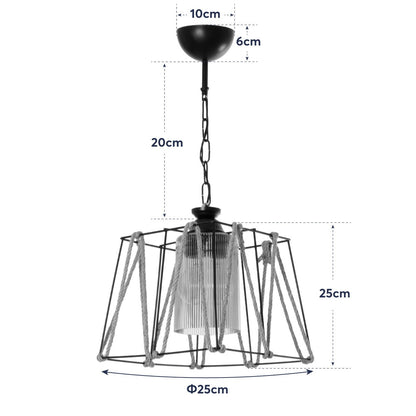 GATSBY 203-0007 Vintage Κρεμαστό Φωτιστικό Σχοινί Μονόφωτο 1 x E27 IP20 Μαύρο Μέταλλο με Μπεζ Σχοινί - Μ25 x Π25 x Υ55cm