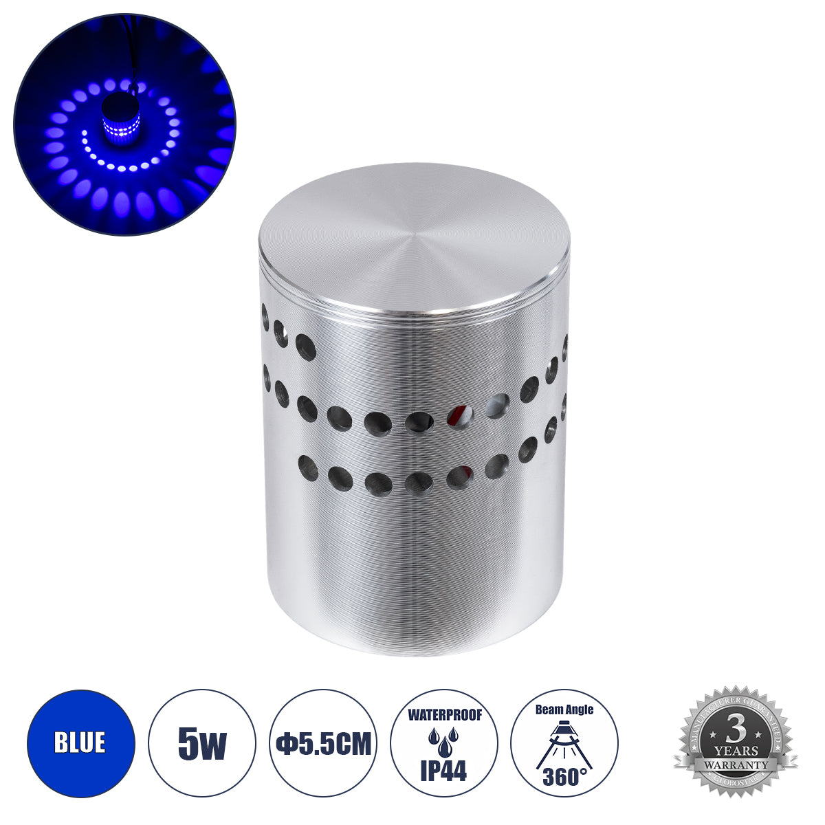 STAINS 60596 Φωτιστικό Τοίχου - Απλίκα Αρχιτεκτονικού Φωτισμού Εσωτερικού Χώρου LED 5W 300lm 360° AC 220-240V IP44 Φ5.5 x Υ7cm - Μπλε - Ασημί Νίκελ Ματ - Bridgelux Chip