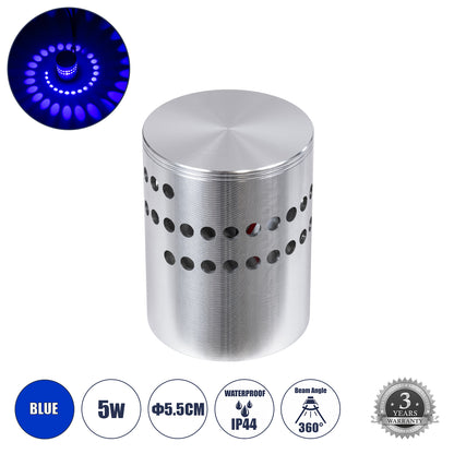 STAINS 60596 Φωτιστικό Τοίχου - Απλίκα Αρχιτεκτονικού Φωτισμού Εσωτερικού Χώρου LED 5W 300lm 360° AC 220-240V IP44 Φ5.5 x Υ7cm - Μπλε - Ασημί Νίκελ Ματ - Bridgelux Chip