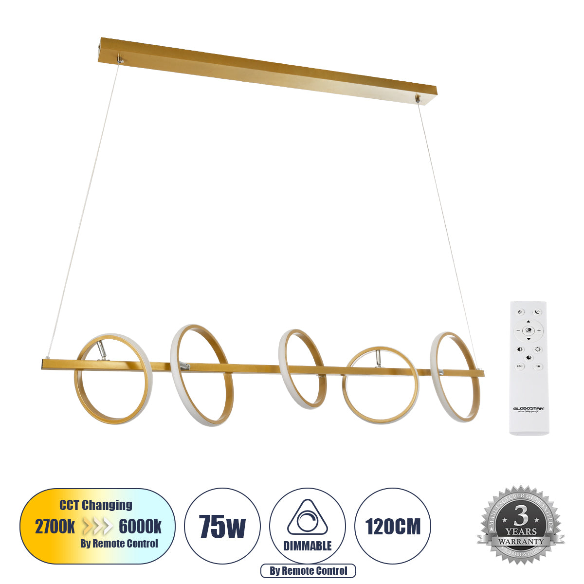 CIRCOLARE 61322 Κρεμαστό Φωτιστικό Οροφής Design LED CCT 75W 8400lm 360° AC 220-240V - Εναλλαγή Φωτισμού μέσω Τηλεχειριστηρίου All In One Ψυχρό 6000k+Φυσικό 4500k+Θερμό 2700k Dimmable Μ120 x Π25 x Υ25cm - Χρυσό